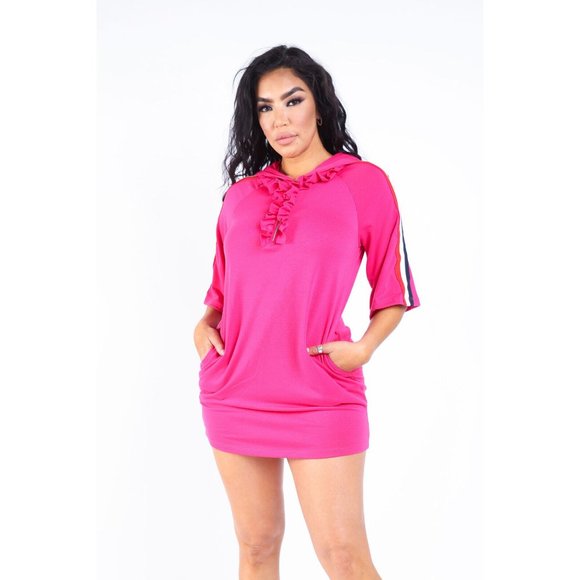 Women's Casual Front-Zip Ruffle Detailed Hoodie Dress Size S,M,L Black Fuchsia - Picture 9 of 9